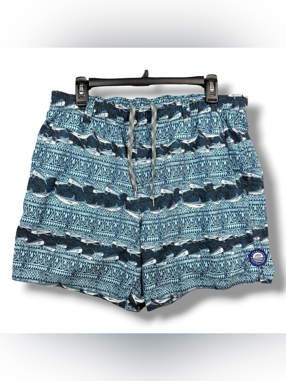 AFTCO Swim Trunks Men’s Medium Blue Fish Print Stretch Drawstring Lined 34